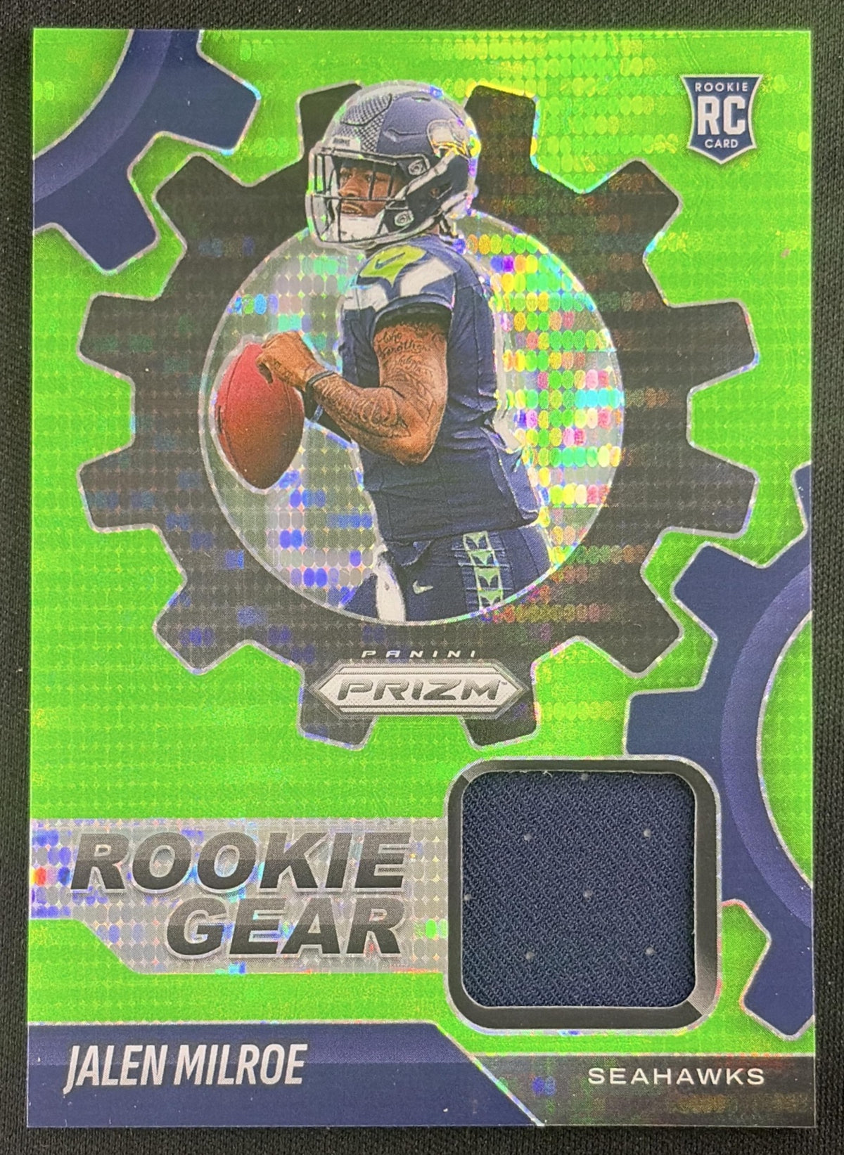 Jalen Milroe 2025 Panini Prizm Rookie Gear Neon Green Pulsar Seahawks