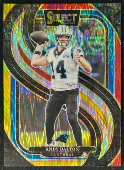 Andy Dalton 2024 Panini Select Premier Red and Yellow Prizm Shock Panthers Sports Trading Cards
