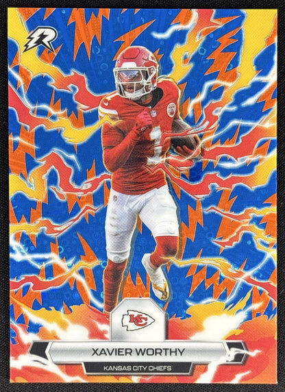 Xavier Worthy 2025 Topps Resurgence Blue and Orange Spark Refractor Chiefs