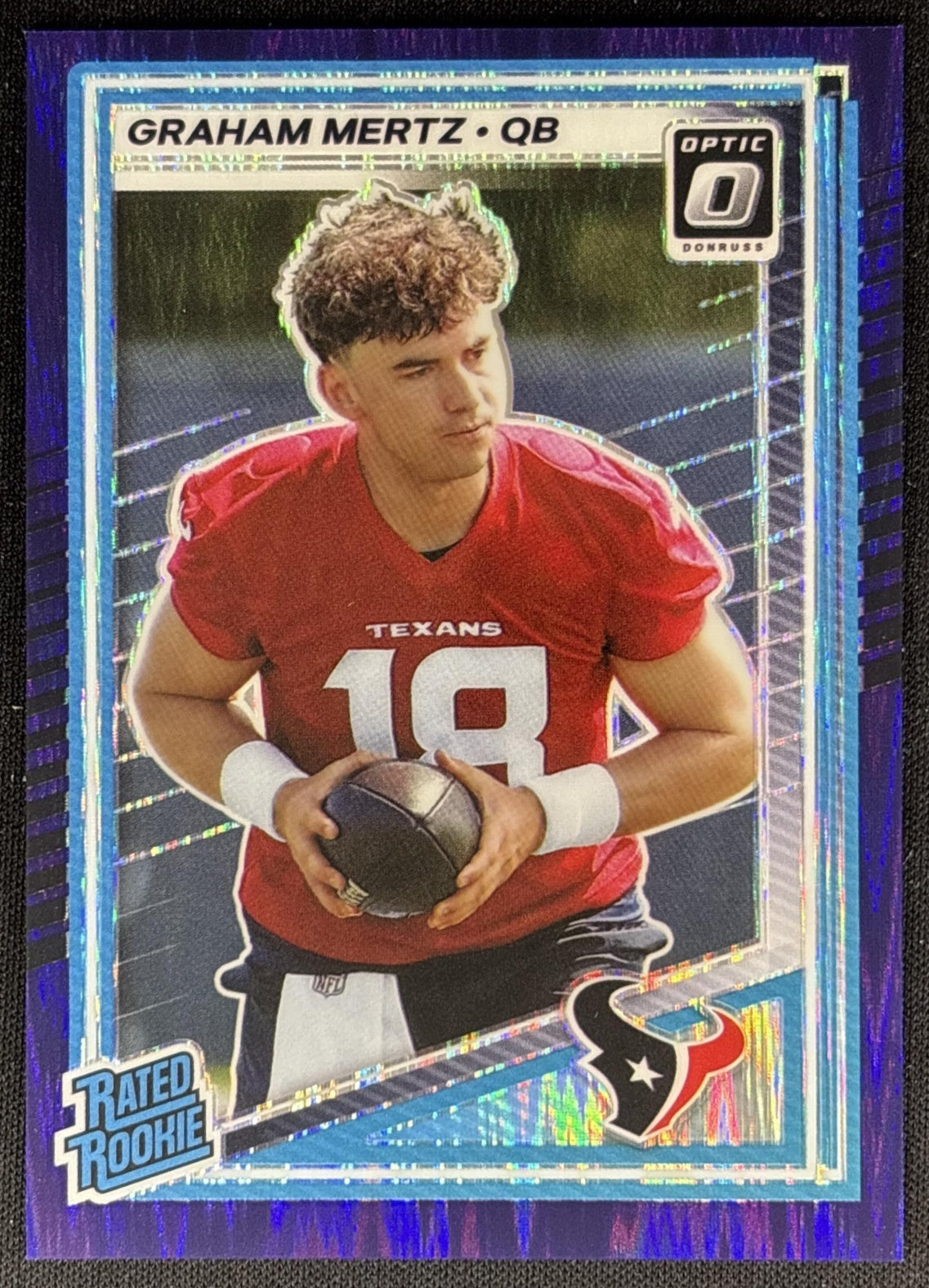 Graham Mertz 2025 Panini Donruss Optic Rated Rookie Purple Shock Prizm Texans Sports Trading Card