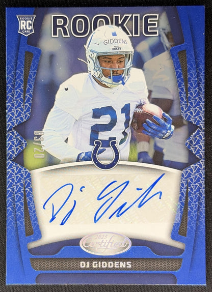 DJ Giddens 2025 Panini Certified Rookie Signatures Blue Etch /20 Colts front