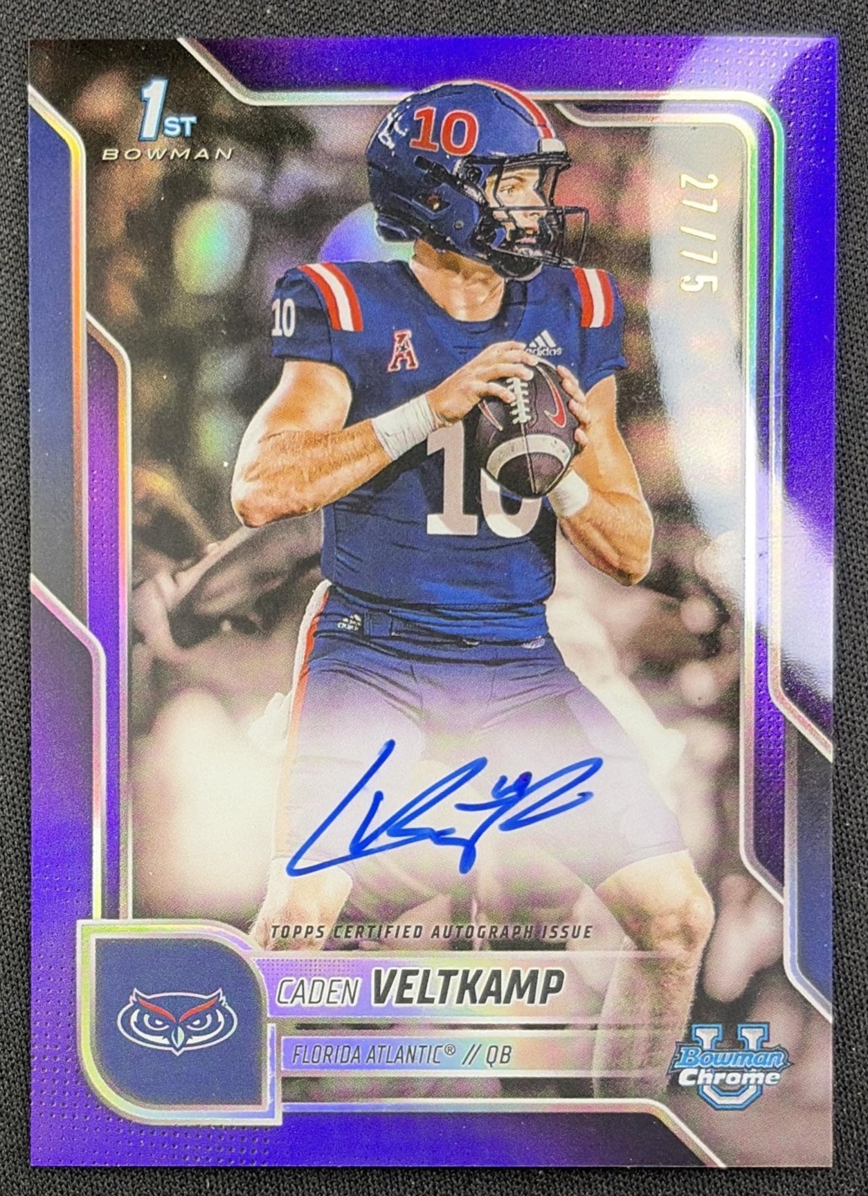 Caden Veltkamp 2025 Bowman Chrome University Prospect Auto Purple Refractor /75 Owls front