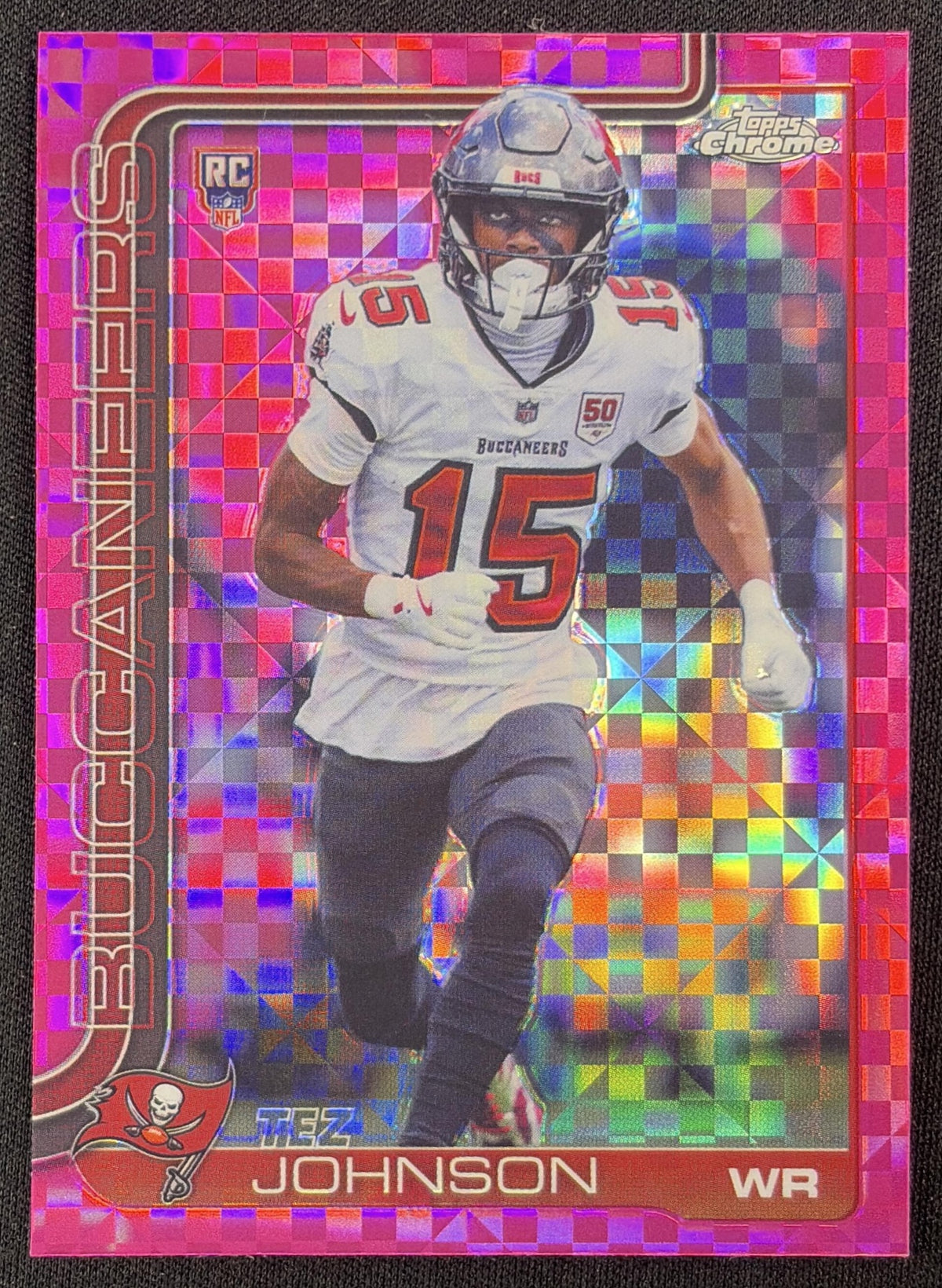 Tez Johnson 2025 Topps Chrome Rookie Hot Pink X-Fractor Tampa Bay Buccaneers