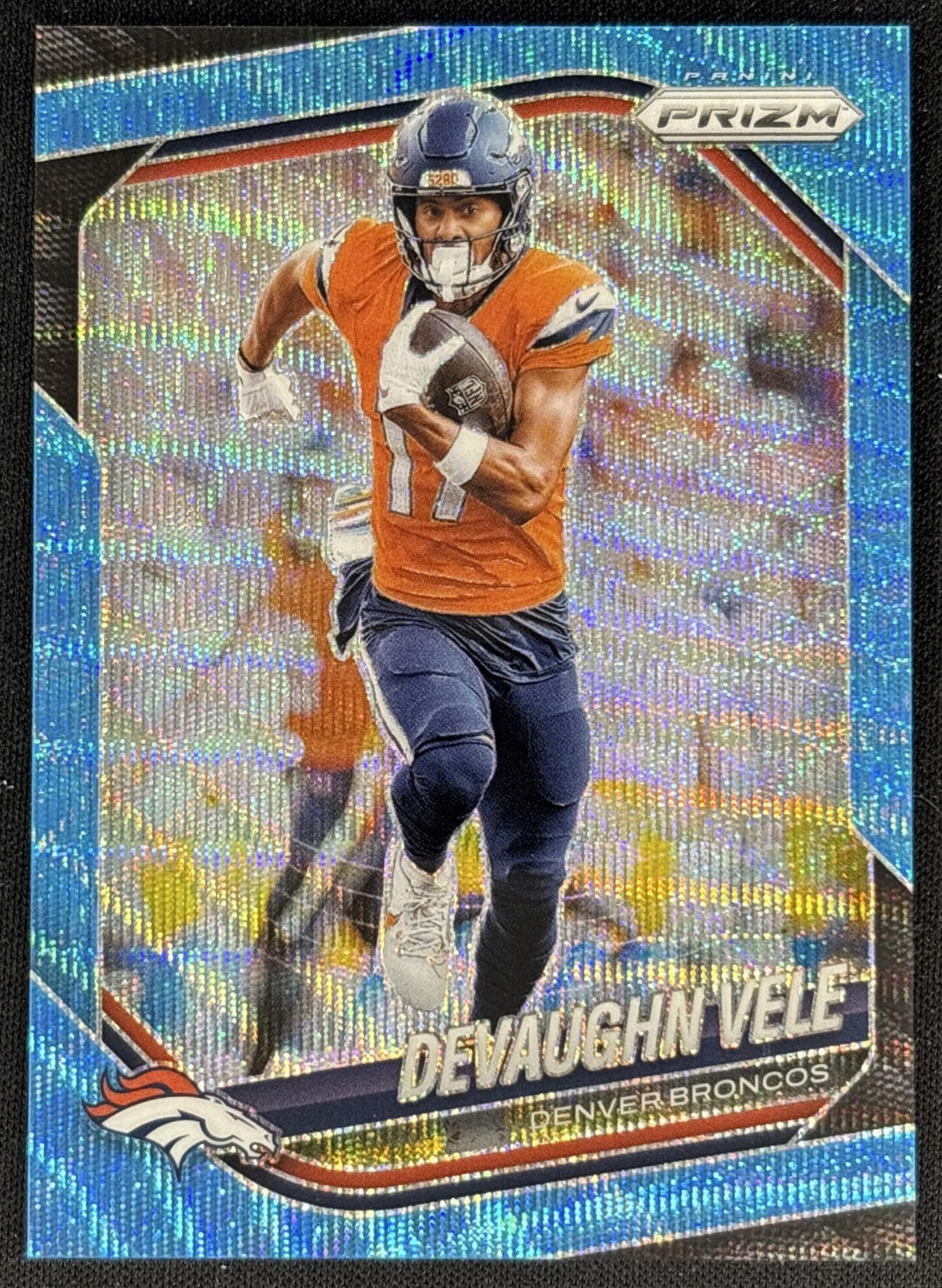 Devaughn Vele 2025 Panini Prizm Blue Wave /230 Broncos front