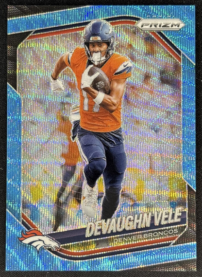 Devaughn Vele 2025 Panini Prizm Blue Wave /230 Broncos front