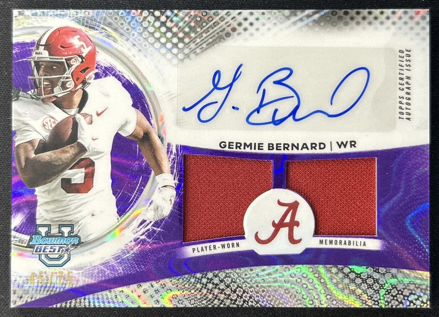 Germie Bernard 2025 Best University Prospect Dual Relic Auto Purple Lava Refractor /75 Crimson Tide front