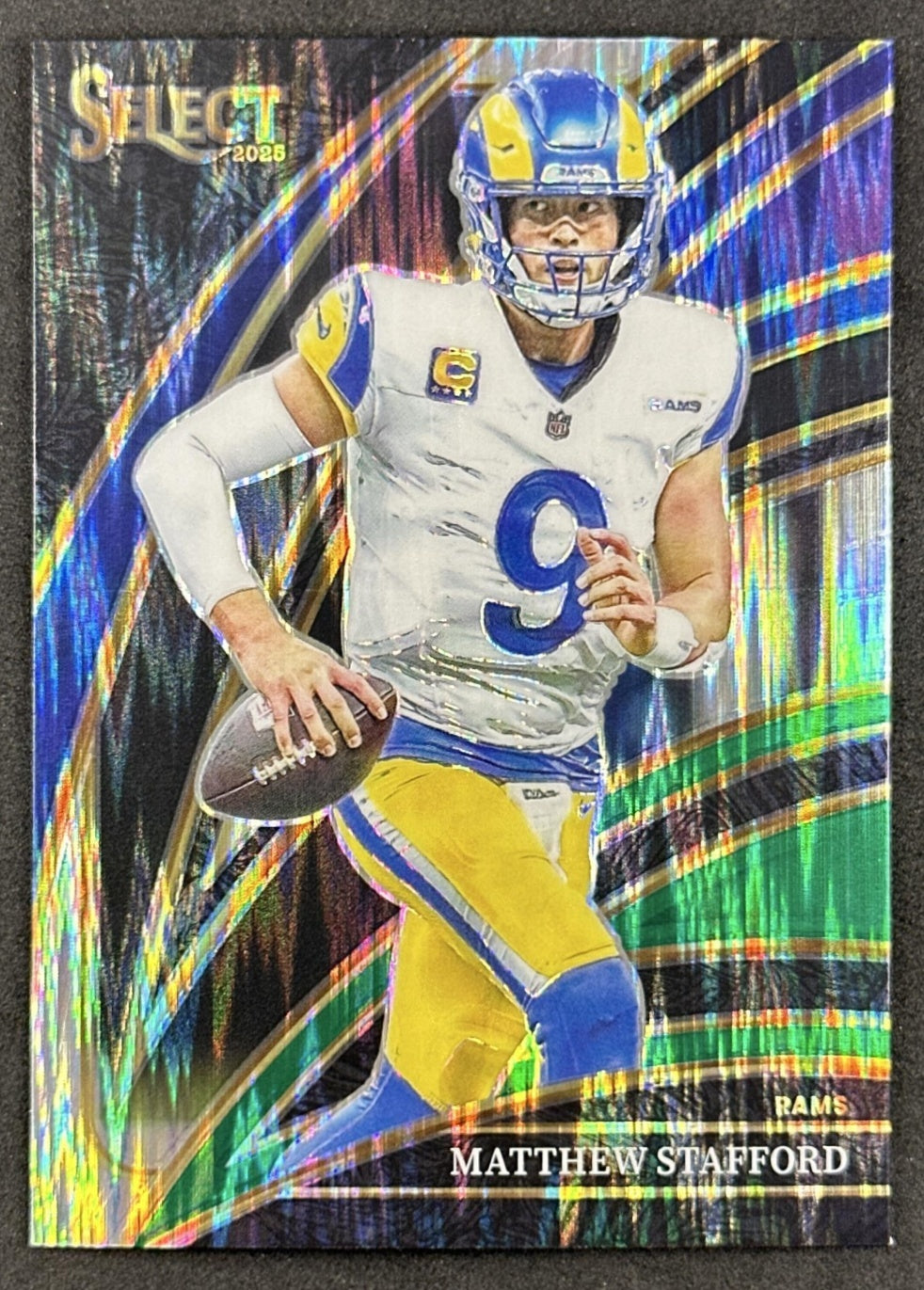 Matthew Stafford 2025 Panini Select Club Level Black and Green Prizm Shock Rams