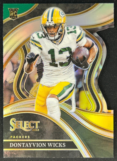 Dontayvion Wicks 2023 Panini Select Green and Yellow Prizms Die Cut Packers Sports Trading Cards