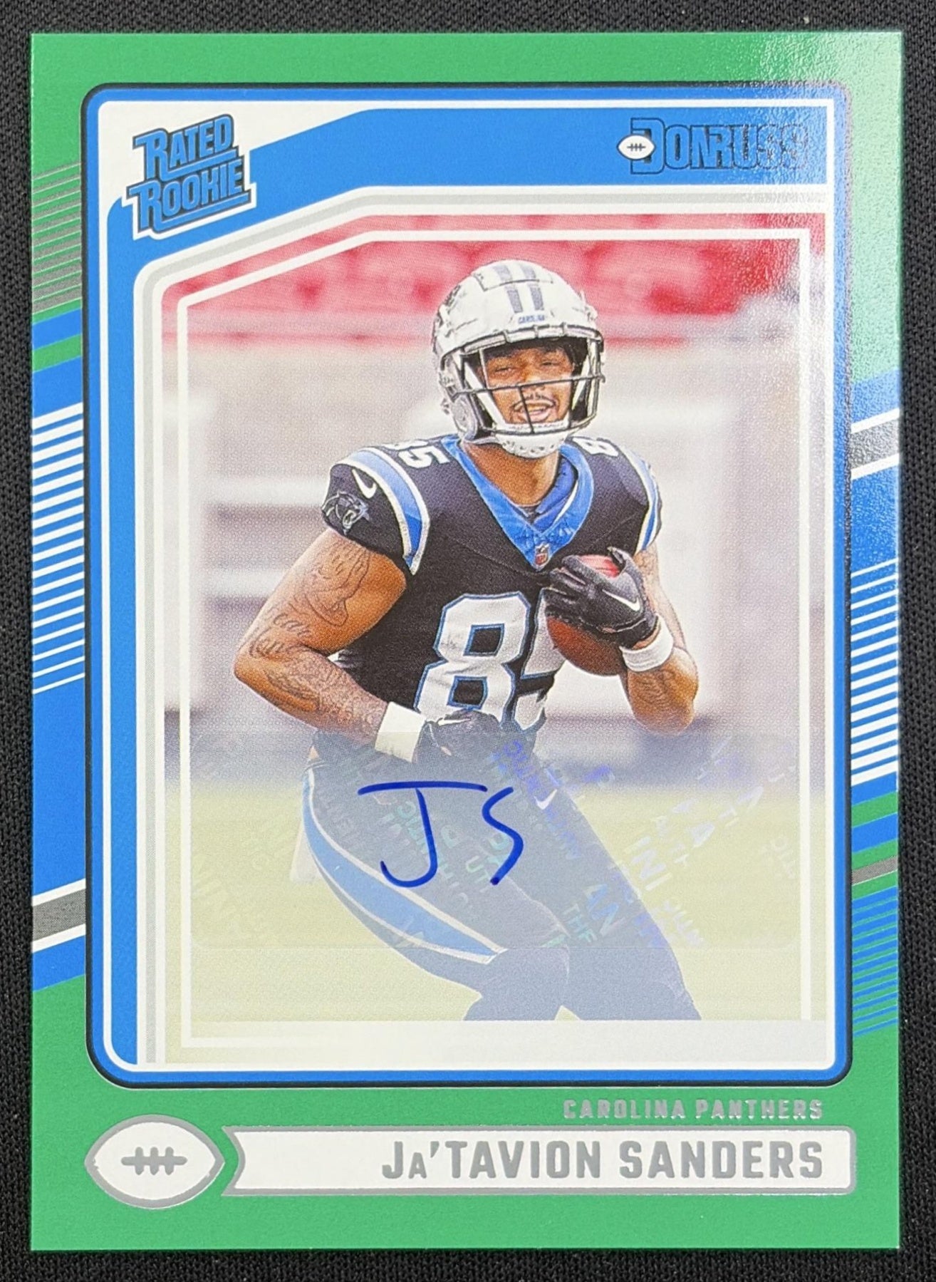 Ja'Tavion Sanders 2024 Panini Donruss Rated Rookie Auto Green Panthers front