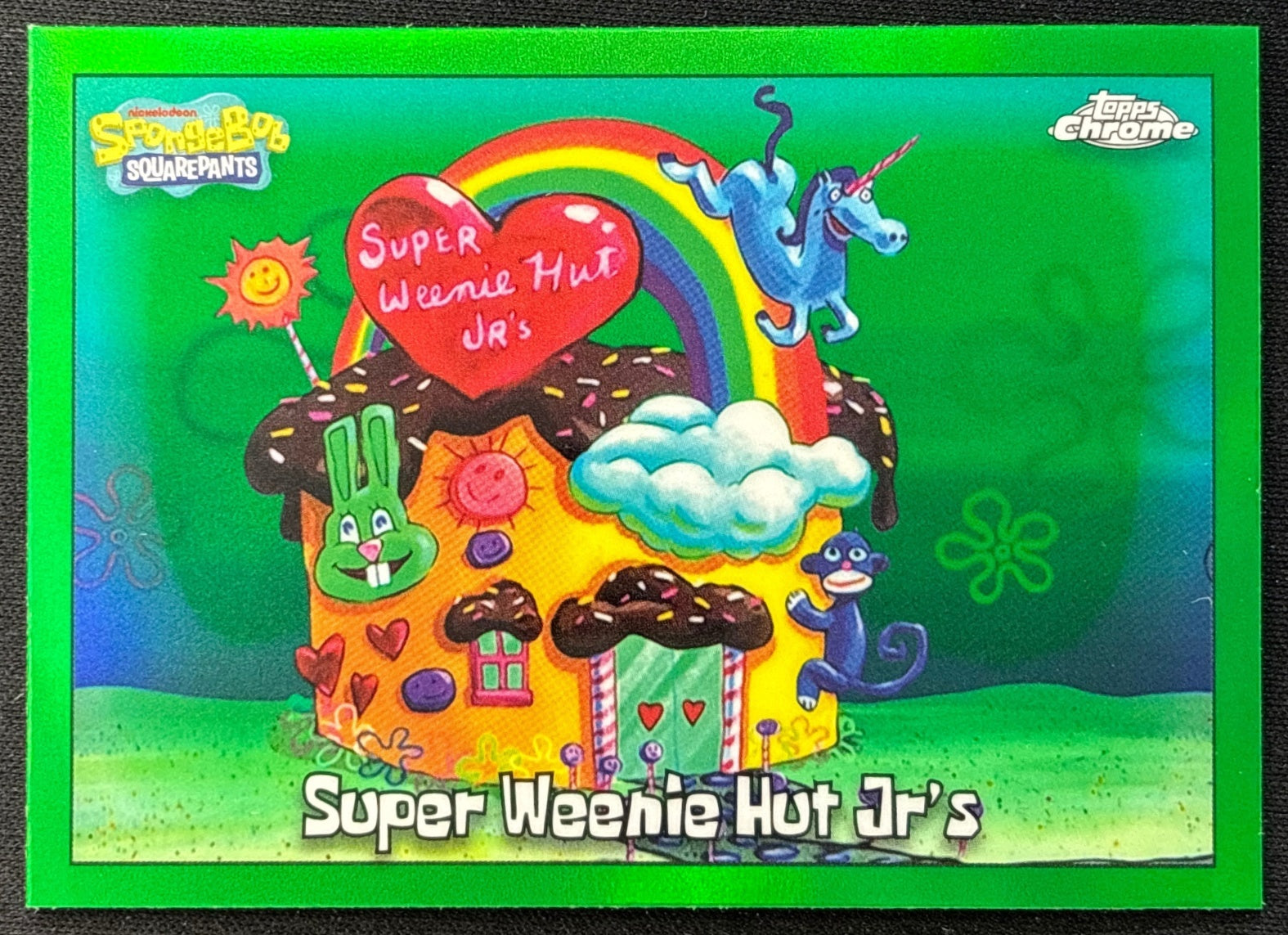 Super Weenie Hut Jr's 2025 Chrome SpongeBob SquarePants 25th Anniversary Kelp Green Refractor (Front) | Wayne Collection