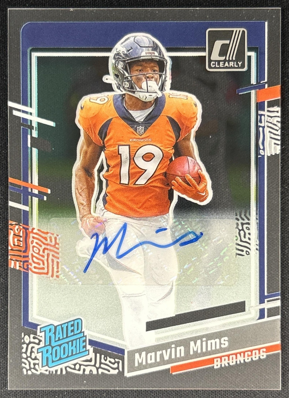 Marvin Mims 2023 Panini Clearly Donruss Rated Rookie Auto Broncos Front