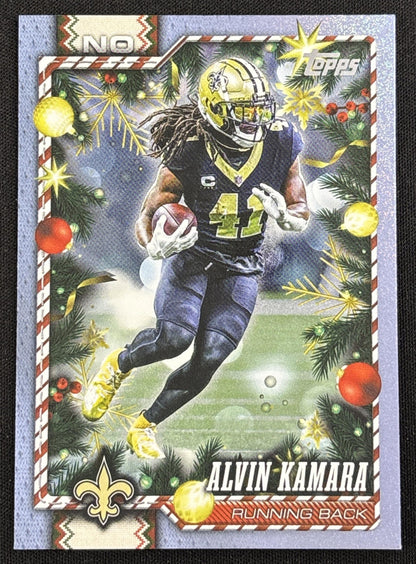 Alvin Kamara 2026 Topps Holiday Light Blue and White Glitter Saints | New Orleans Saints