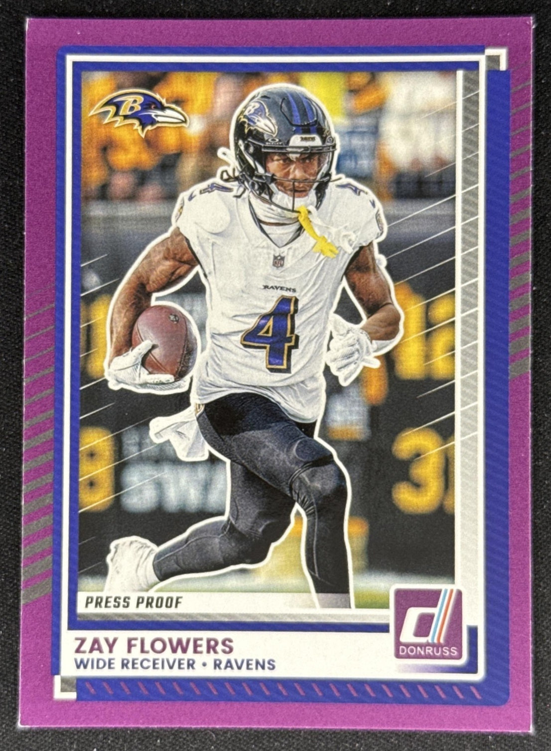 Zay Flowers 2025 Panini Donruss Press Proof Purple Ravens Baltimore Ravens Sports Trading Card