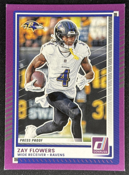 Zay Flowers 2025 Panini Donruss Press Proof Purple Ravens Baltimore Ravens Sports Trading Card
