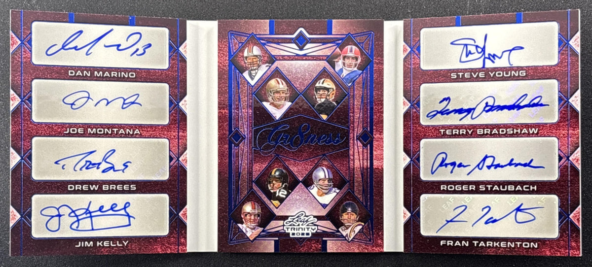 Dan Marino Joe Montana Drew BRees Jim Kelly Steve Young Terry Bradshaw Roger Staubach Fran Tarkenton 2025 Leaf Trinity Gr8ness Booklet Autos /3 49ers Saints Vikings Cowboys Dolphins Bills Steelers