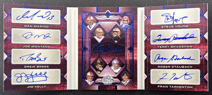 Dan Marino Joe Montana Drew BRees Jim Kelly Steve Young Terry Bradshaw Roger Staubach Fran Tarkenton 2025 Leaf Trinity Gr8ness Booklet Autos /3 49ers Saints Vikings Cowboys Dolphins Bills Steelers