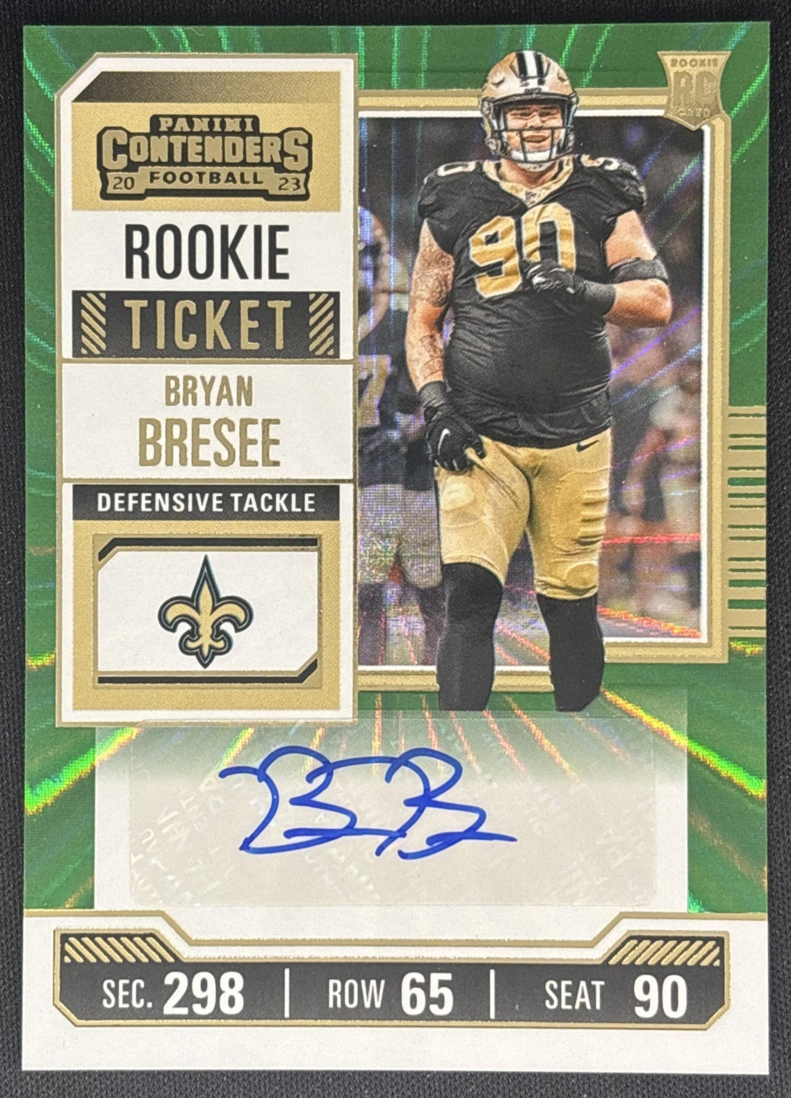 Bryan Bresee 2023 Panini Contenders Season Ticket Green Lazer Sunburst Saints front