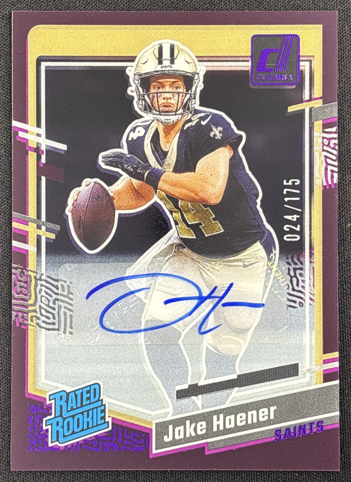 Jake Haener 2023 Panini Clearly Donruss Rated Rookie Auto Purple /175 Saints