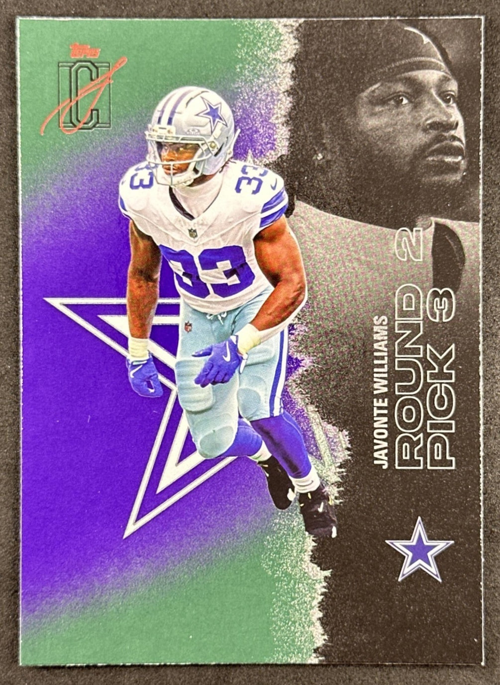 Javonte Williams 2025 Topps Signature Class Veteran Green & Purple Foil Cowboys front