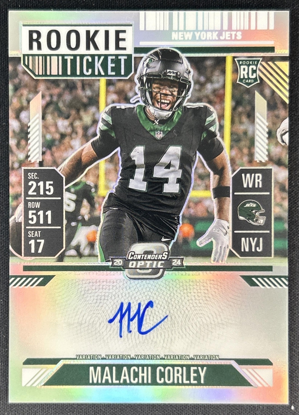 Malachi Corley 2024 Contenders Optic Rookie Ticket RPS Auto Silver Prizm Jets front