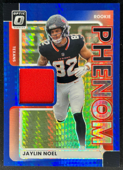 Front of Jaylin Noel 2025 Donruss Optic Rookie Phenoms Blue Hyper Prizm Texans Houston Texans