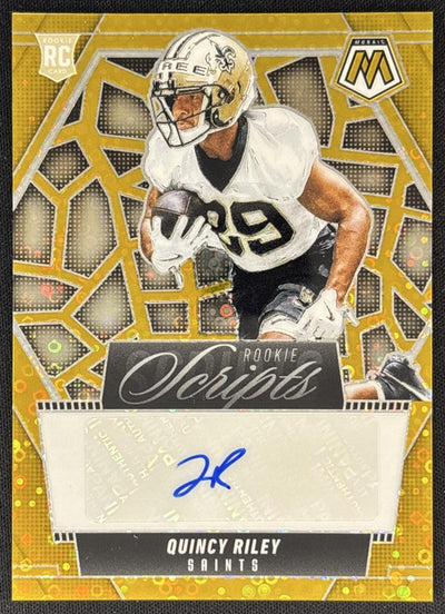 Quincy Riley 2025 Panini Mosaic Rookie Scripts No Huddle Gold Prizm /10 Saints front