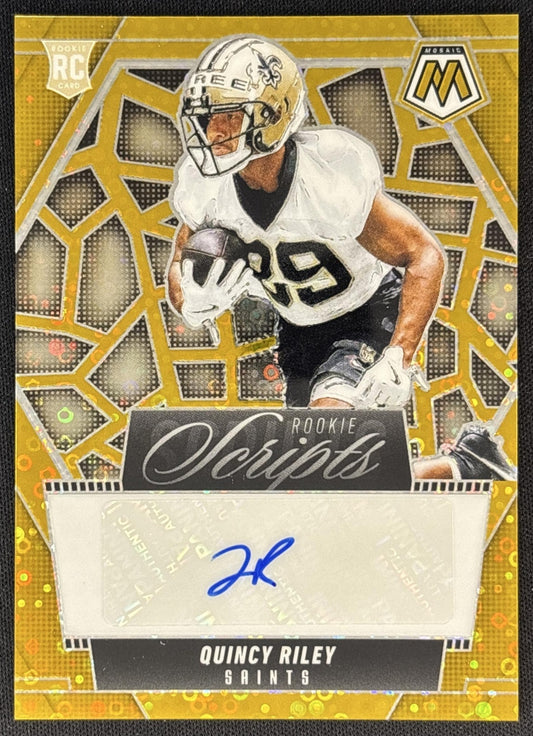 Quincy Riley 2025 Panini Mosaic Rookie Scripts No Huddle Gold Prizm /10 Saints front