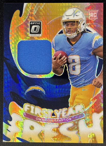 Omarion Hampton 2025 Donruss Optic First Year Fresh Blue Hyper Prizm Chargers Sports Trading Cards