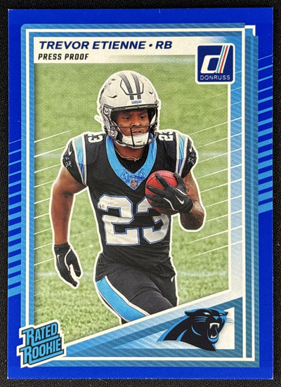 Trevor Etienne 2025 Panini Donruss Rated Rookie Press Proof Blue Panthers Football