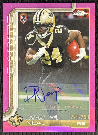 Devin Neal 2025 Topps Chrome Rookie Auto Pink Refractor /250 Saints front