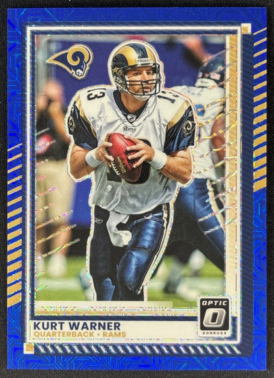Kurt Warner 2025 Donruss Optic Blue Mojo Prizm /55 Rams sports trading card - front