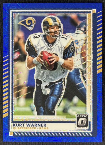 Kurt Warner 2025 Donruss Optic Blue Mojo Prizm /55 Rams sports trading card - front