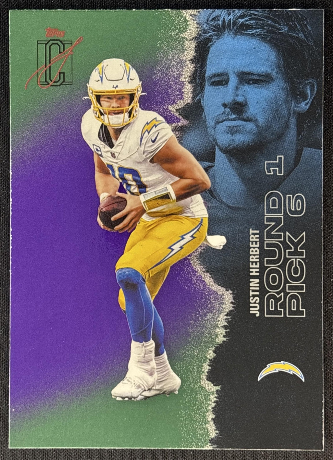 Justin Herbert 2025 Topps Signature Class Veteran Green & Purple Foil Chargers front