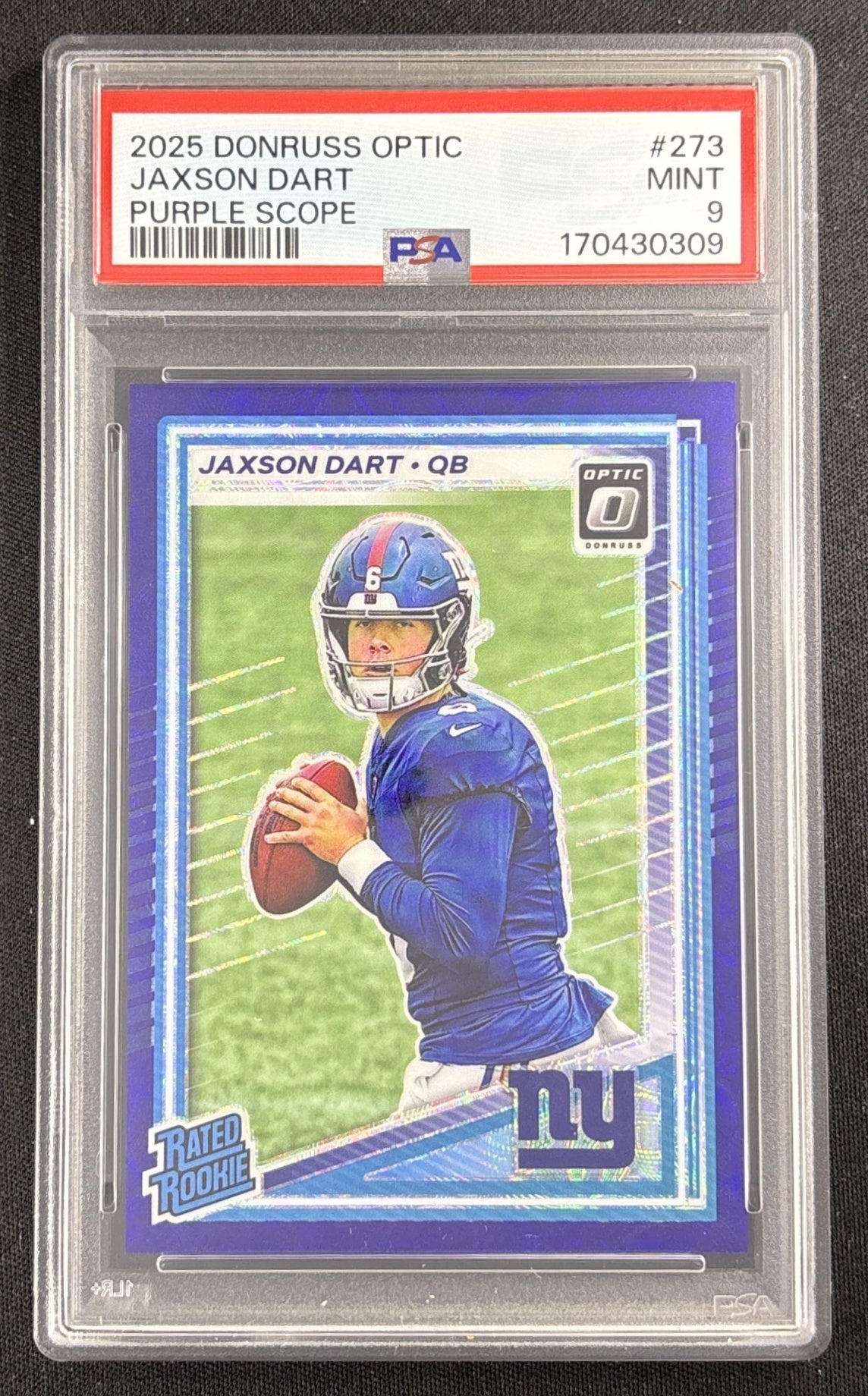 Jaxson Dart 2025 Panini Donruss Optic Rated Rookie Purple Scope Prizm PSA 9 Giants