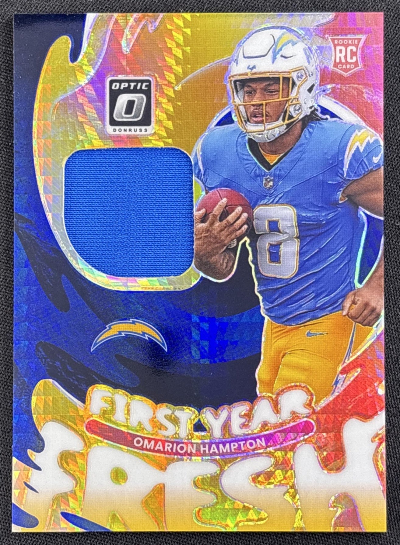 Omarion Hampton 2025 Panini Donruss Optic First Year Fresh Blue Hyper Prizm Chargers
