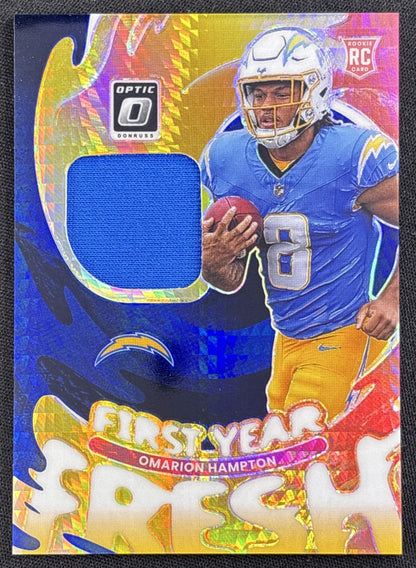 Omarion Hampton 2025 Panini Donruss Optic First Year Fresh Blue Hyper Prizm Chargers
