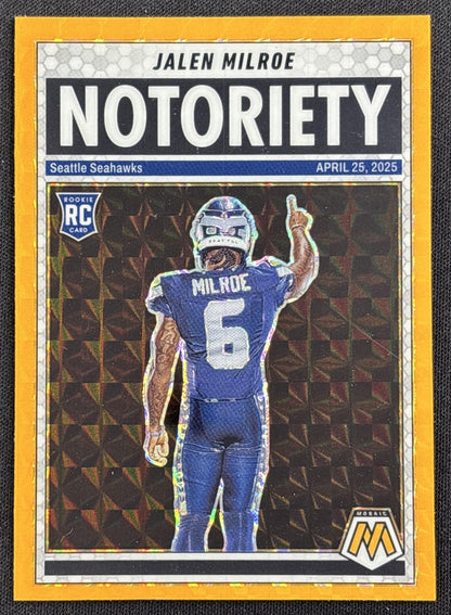 Jalen Milroe 2025 Panini Mosaic Notoriety Orange Fluorescent Prizm Seahawks Seattle Seahawks