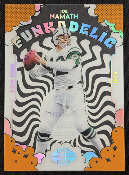 Front of Joe Namath 2022 Panini Illusions Funkadelic Orange Jets sports trading card