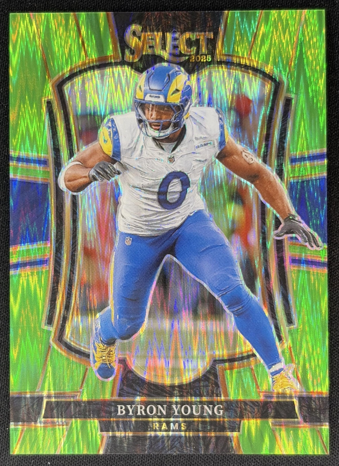 Byron Young 2025 Panini Select Premier Level Neon Green Prizm Shock /699 Rams