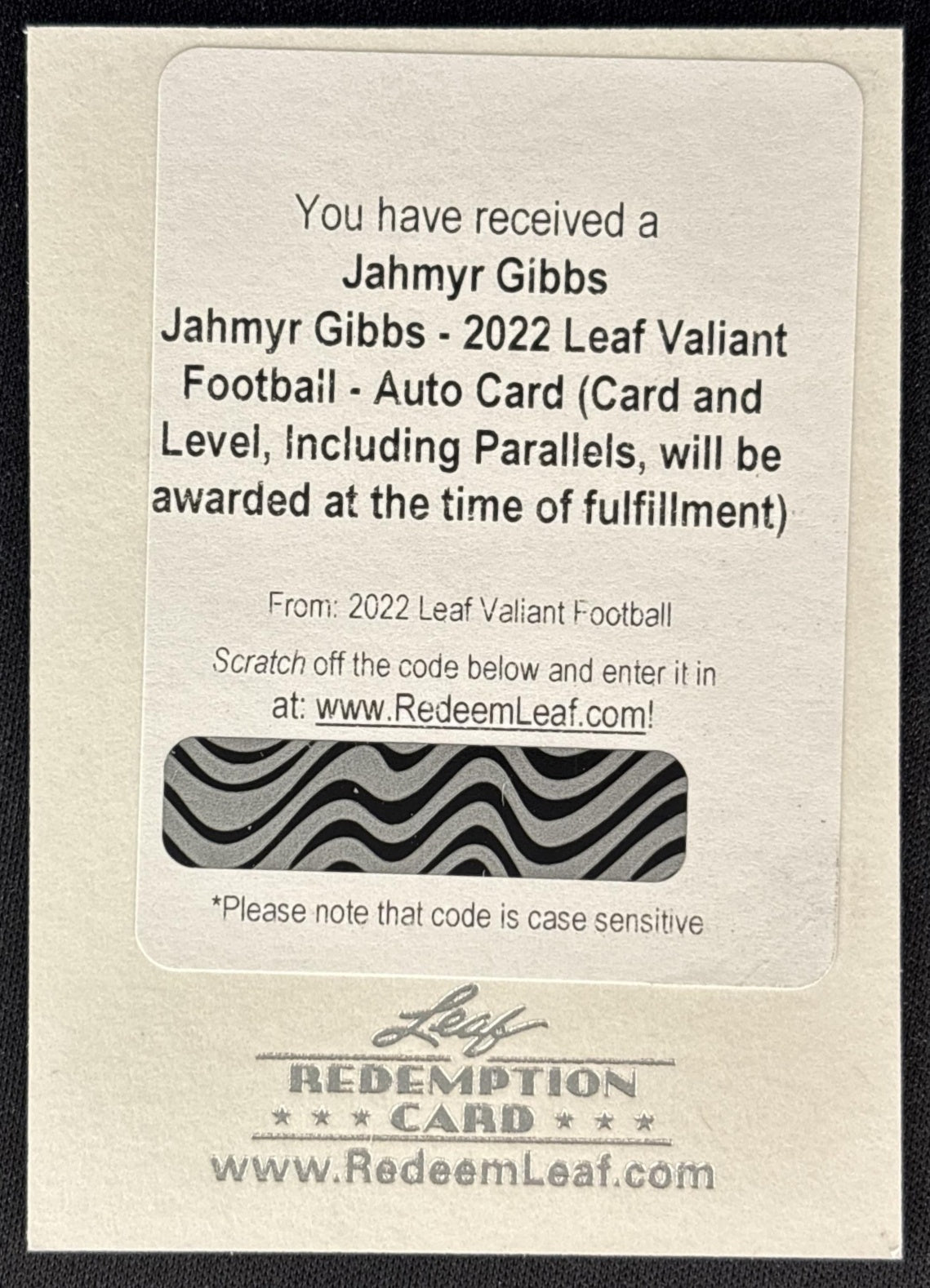 Jahmyr Gibbs 2022 Valiant Auto Card Unredeemed Redemption Lions