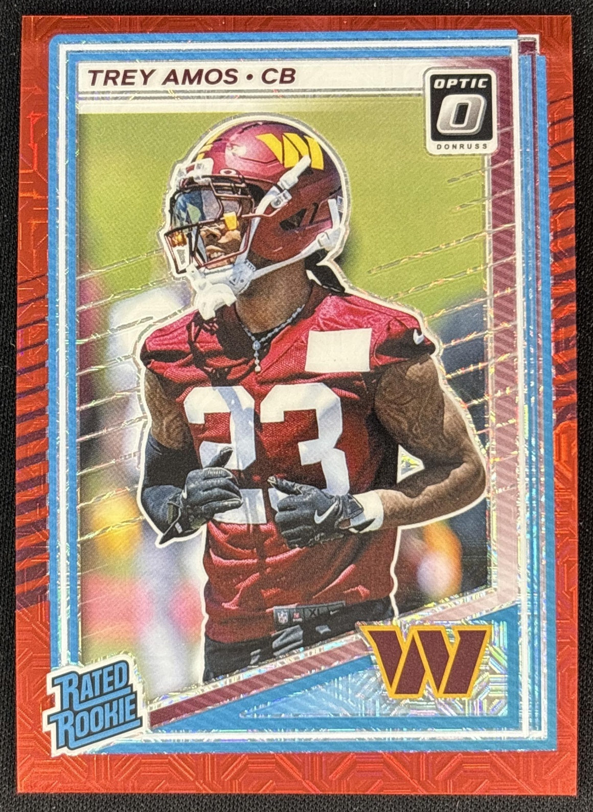 Trey Amos 2025 Panini Donruss Optic Rated Rookie Red Mojo Prizm Commanders Front