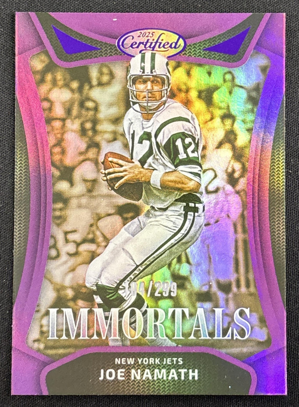 Joe Namath 2025 Panini Certified Immortals Mirror Purple /299 Jets