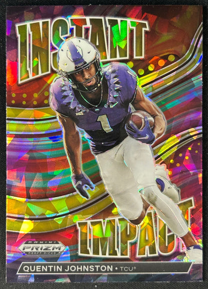 Quentin Johnston 2023 Prizm Draft Picks Instant Impact Gold Ice Horned Frogs sports trading card front