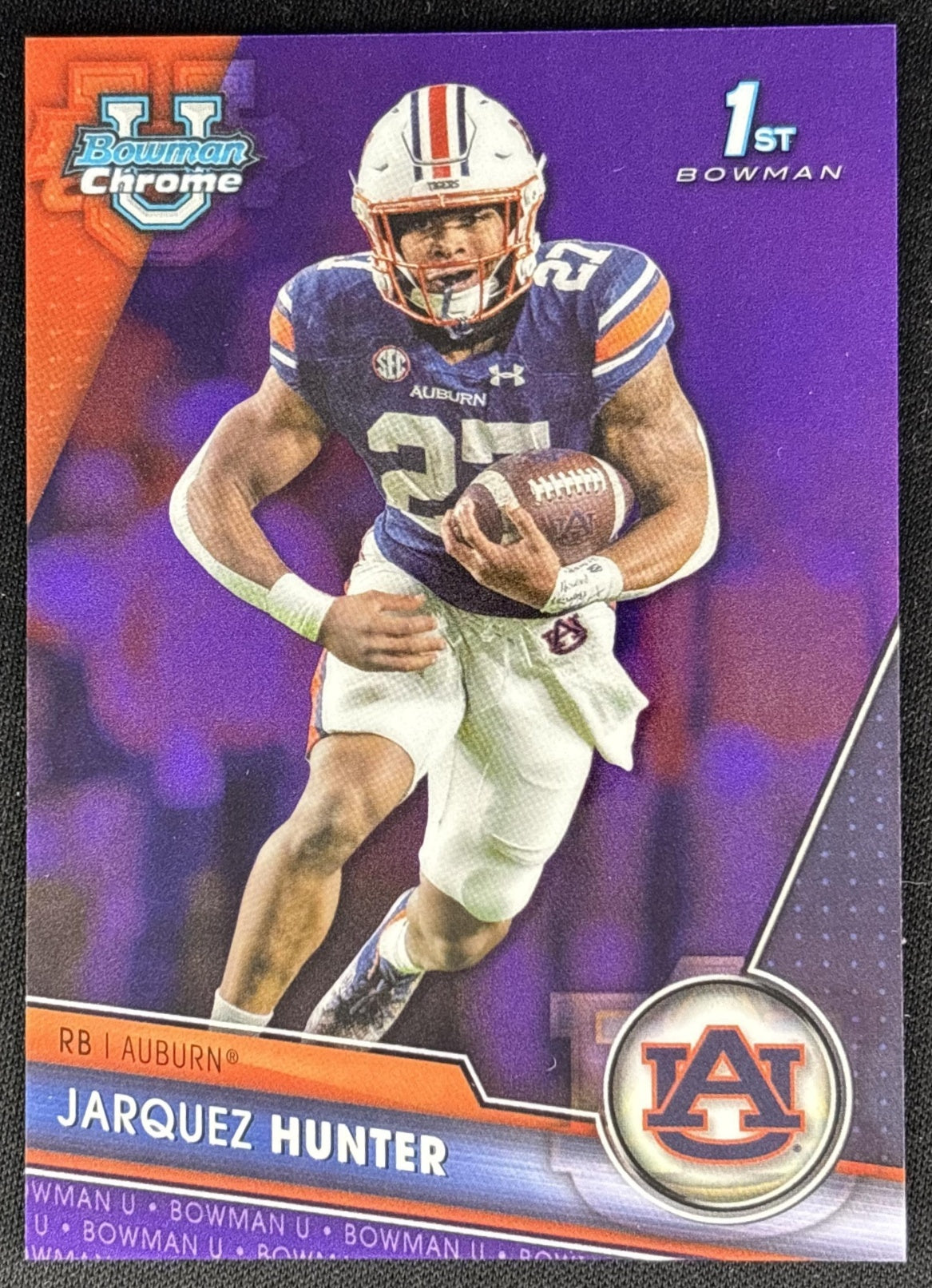 Jarquez Hunter 2023 Bowman University Chrome Purple Refractor /399 front