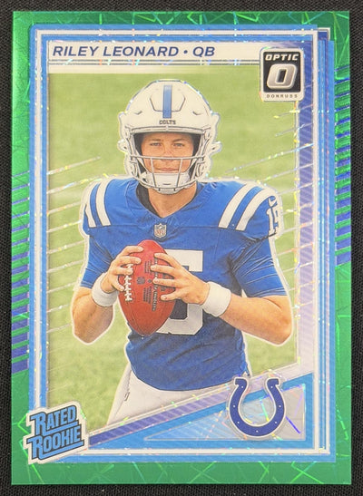 Riley Leonard 2025 Panini Donruss Optic Rated Rookie Green Velocity Prizm Colts Sports Trading Card