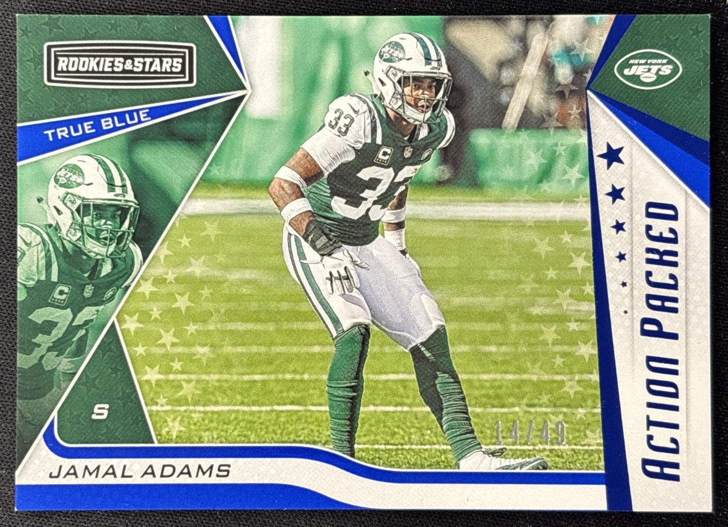 Jamal Adams 2019 Panini Rookies & Stars Action Packed True Blue /49 Jets front