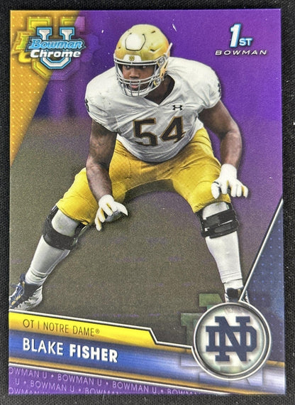 Blake Fisher 2023 Bowman University Chrome Purple Refractor /399 Fighting Irish front