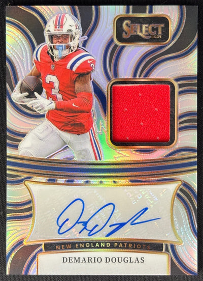 Front of Demario Douglas 2024 Select Signature Memorabilia /199 Patriots sports trading card