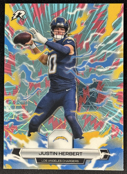 Justin Herbert 2025 Topps Resurgence Sky Blue and Pink Shock Refractor Chargers Los Angeles Chargers Sports Trading Cards