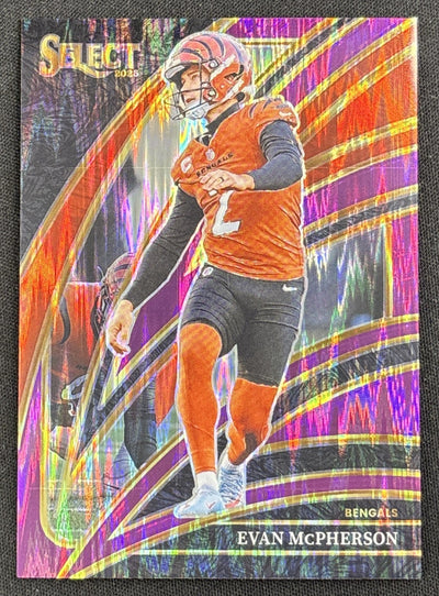 Evan McPherson 2025 Panini Select Club Level Purple Prizm Shock /699 Bengals Sports Trading Card